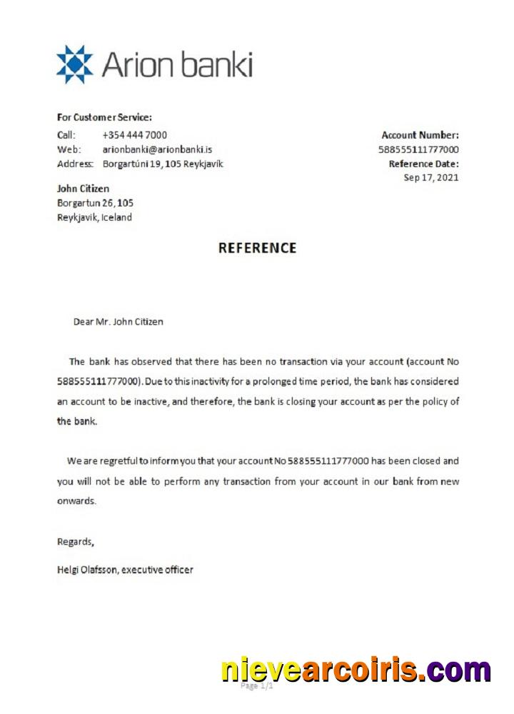 Iceland  Arion Bank closure reference